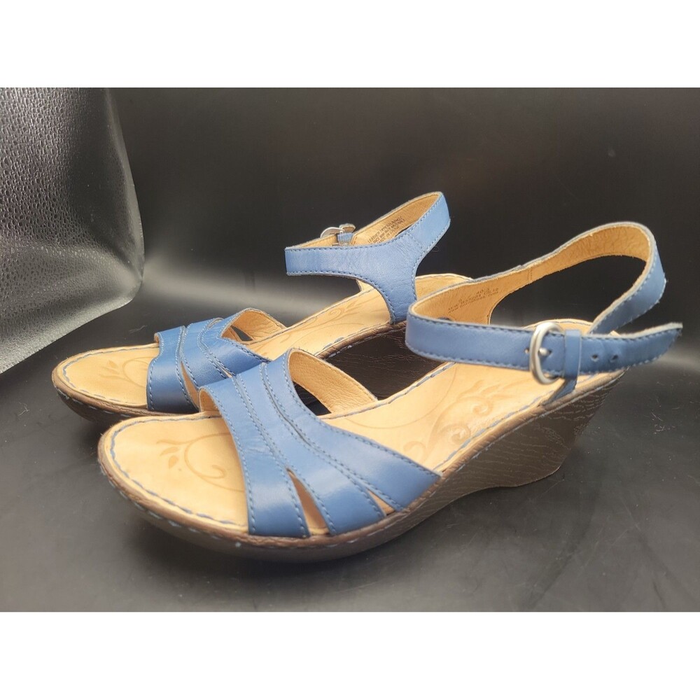 Born Womens 9M Wedge Sandals Blue Leather Buckle Strap Chunky Heel